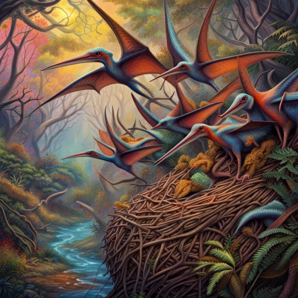 Vibrant Pterodactyl Nest in Hyperrealistic Detail