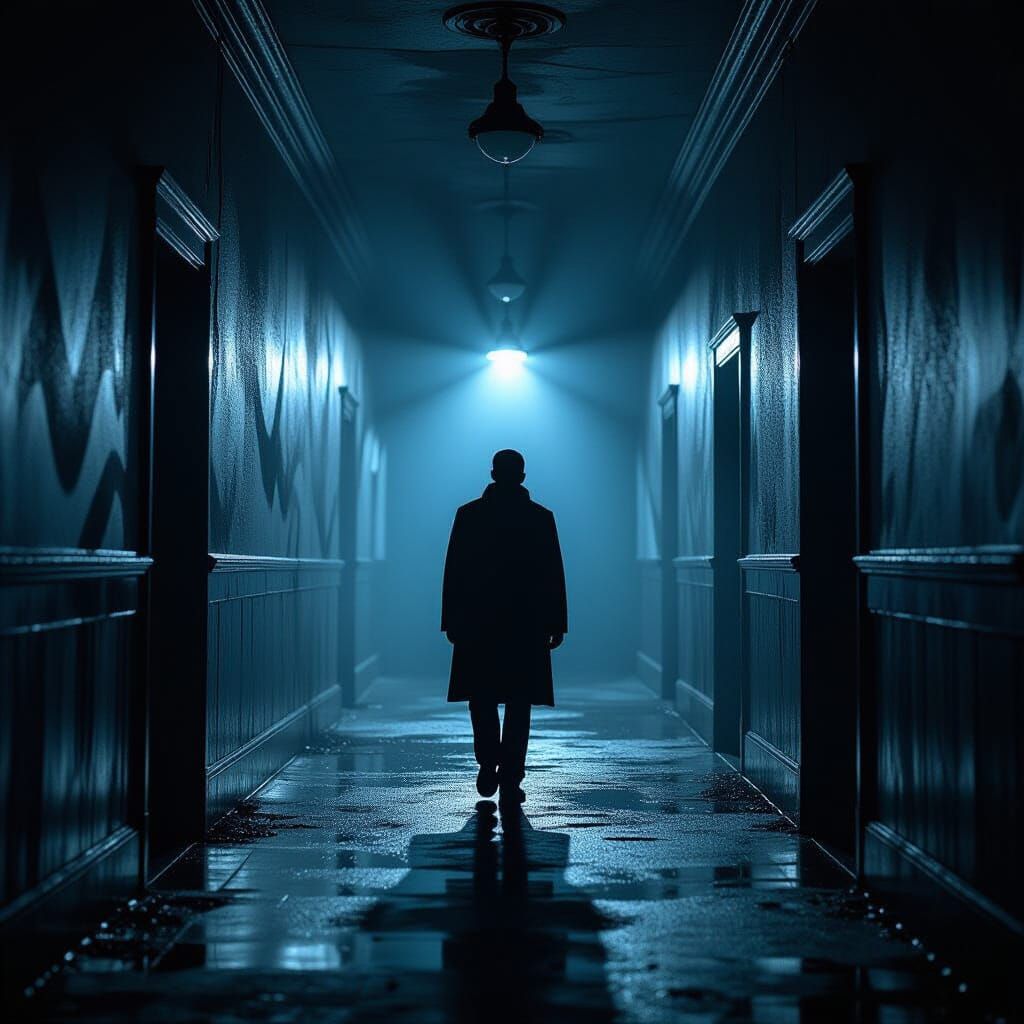 Lone Figure in Dim Corridor, Cinematic Horror Film Still