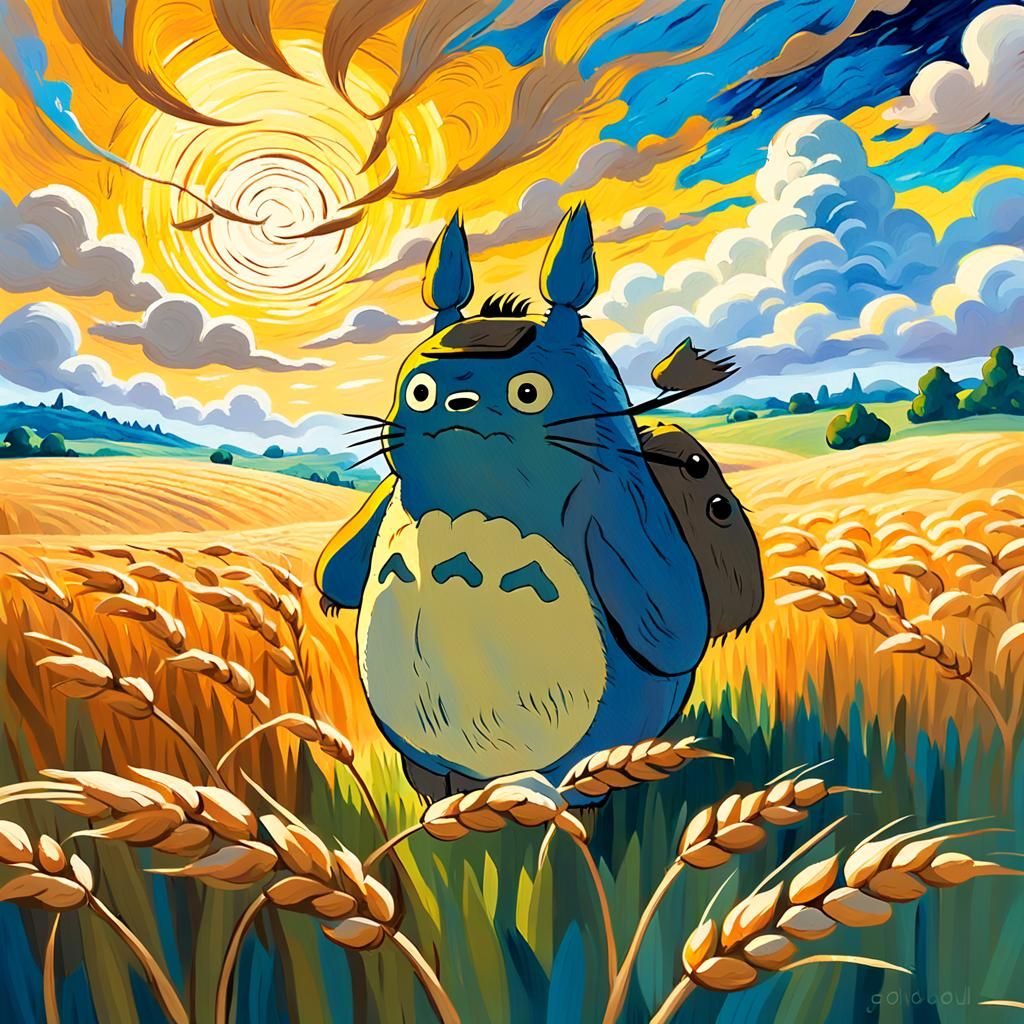 Totoro in Wheat Field: Impressionist Landscape