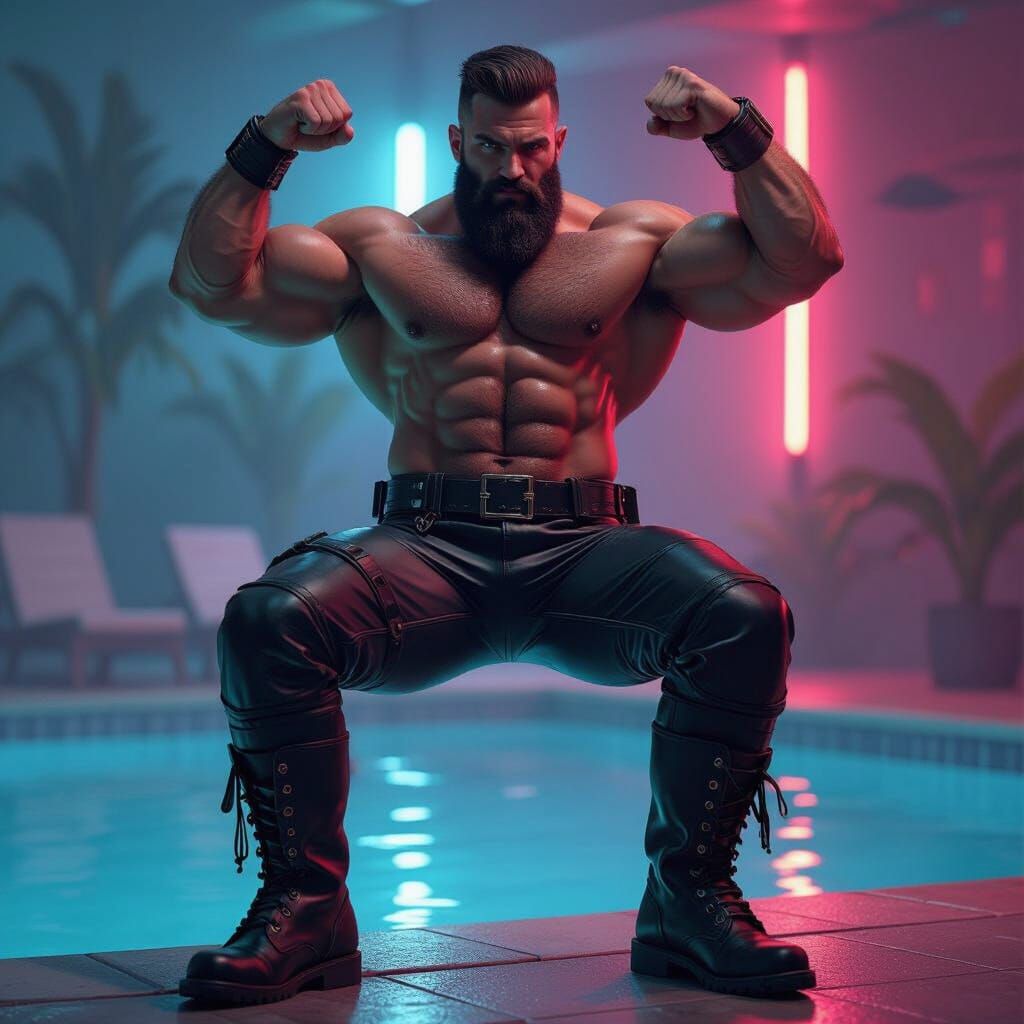 Cyberpunk Muscle Daddy Flexing by the Pool
