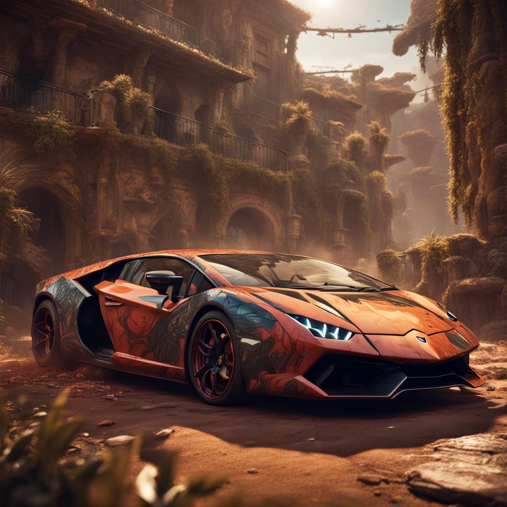 Hyenas' Wild Ride in Lamborghini: Detailed Digital Art