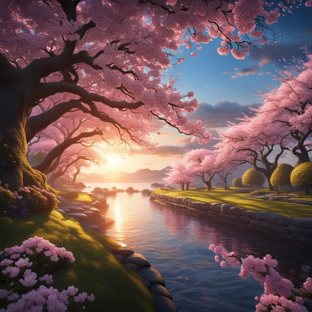 Vancouver Sunrise: Cherry Blossoms in a Detailed Matte Paint...