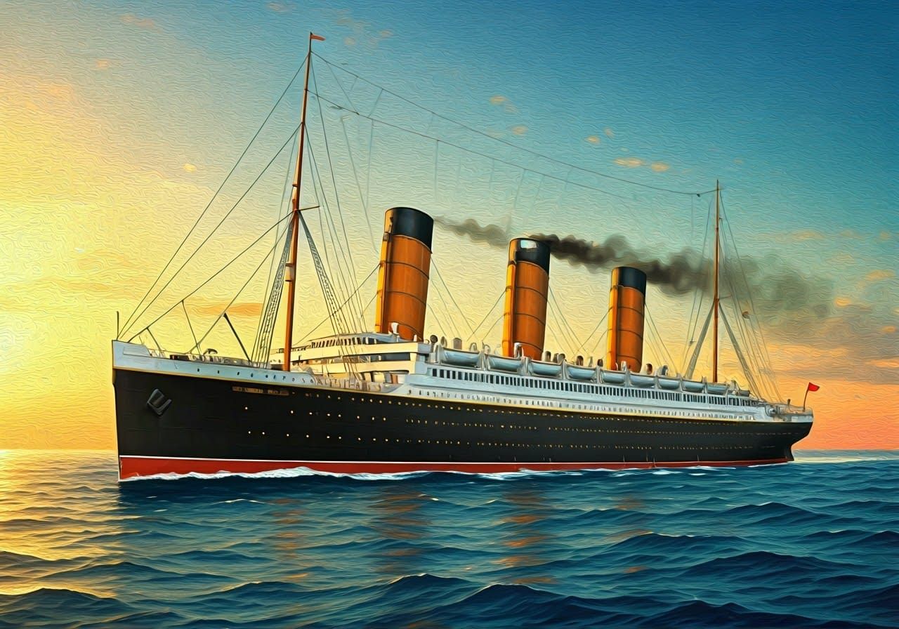 Vintage Ocean Liner Ship in Golden Light Oil Painting