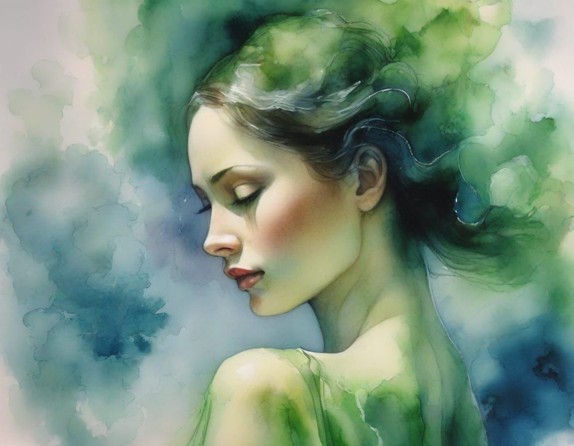 Ethereal Woman in Cucumber Leotard, Inkpunk Watercolor Style