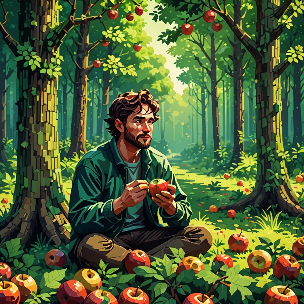 Pixel Art: Man Eating Apple in Forest