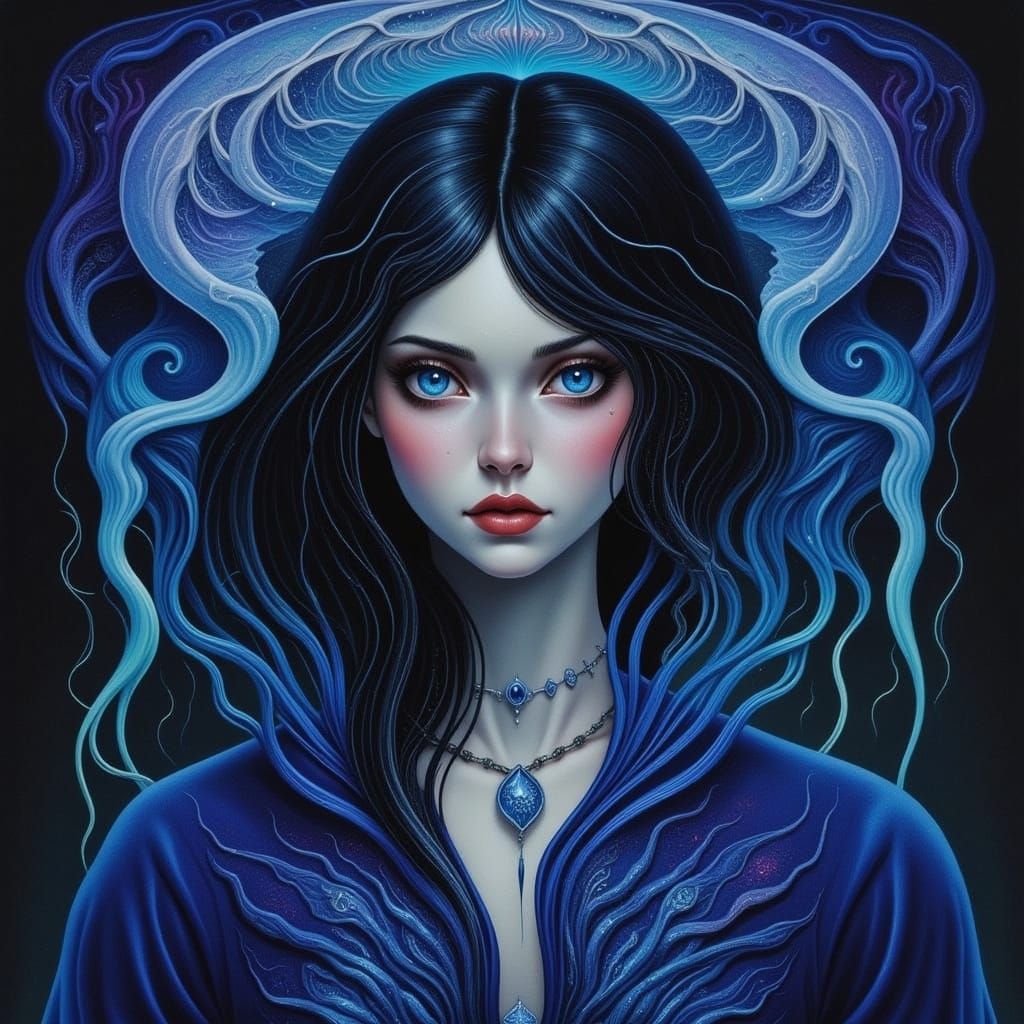 Enchanted Blue Goddess in Iridescent Gown