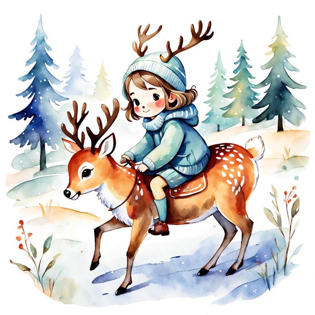 Cute Girl Riding Deer in Winter Watercolor Sketch