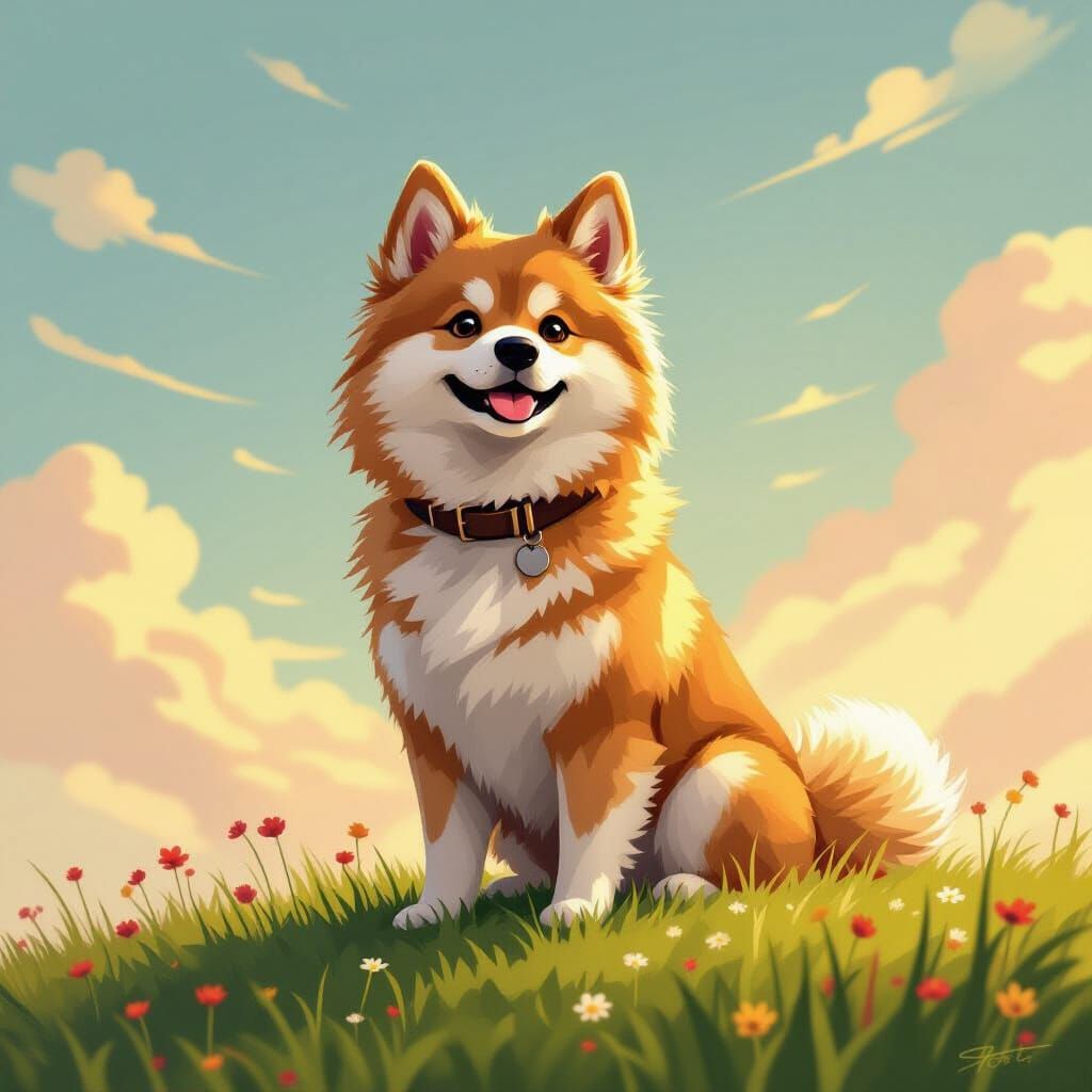 Fluffy Dog on Grassy Hill, Digital Art