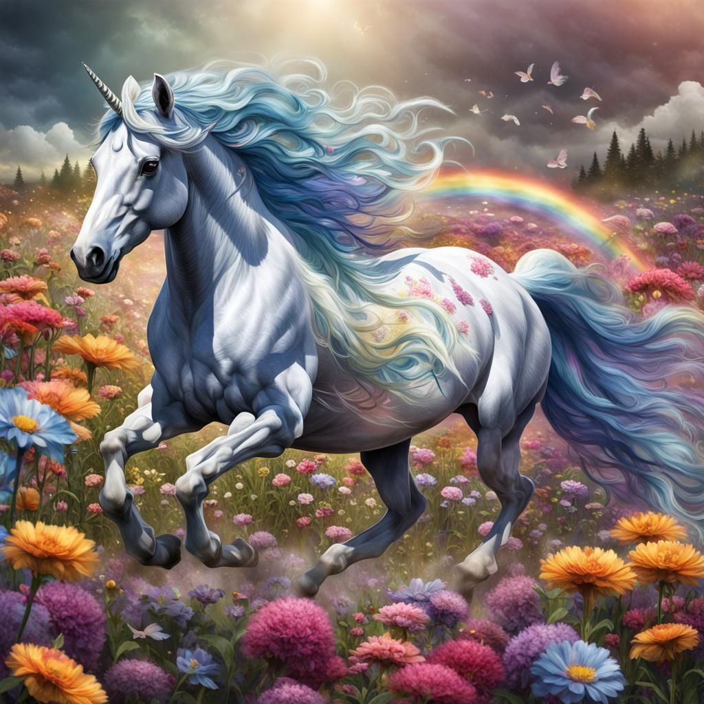 Rainbow Unicorn Galloping Through Flower Field
