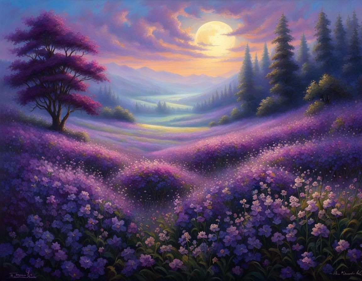 Misty Moonlit Violet Flower Field: Dreamy Fairycore Landscap...
