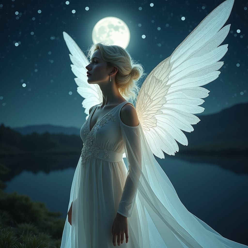 Angelic Being Under Starry Sky, Hyperrealistic Art