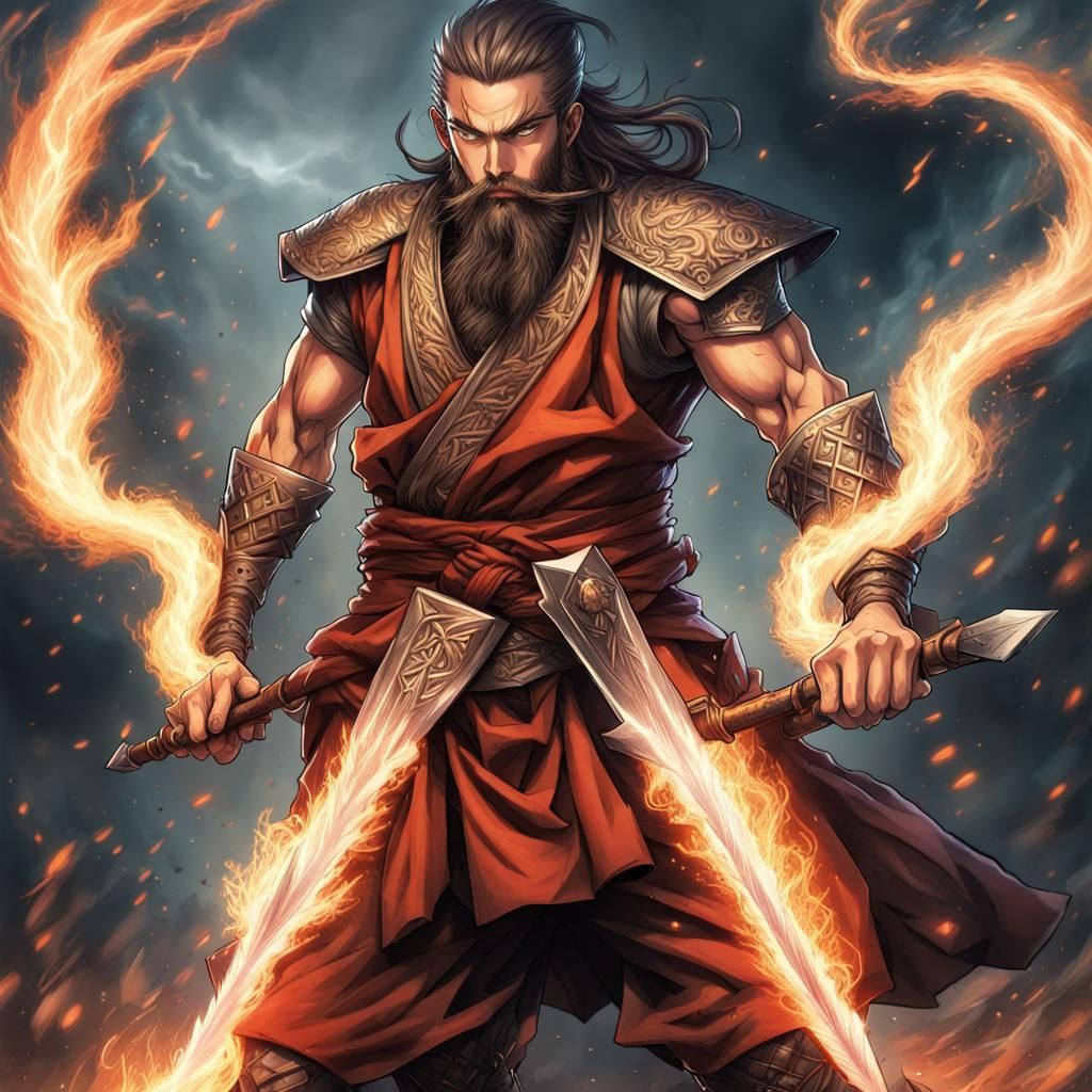 Epic Bearded Warrior with Elemental Swords