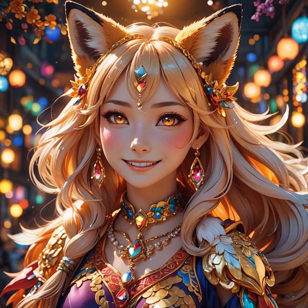 Smiling Anime Fox Girl in Hyper-Realistic 3D
