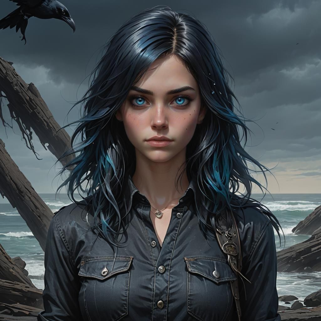 Teenage Woman with Raven Hair in Dark Fantasy Art