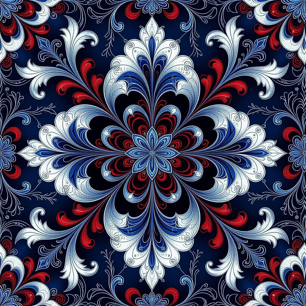 Baroque Fractal Art with Fleur-de-Lis Motifs in Blue, Silver...