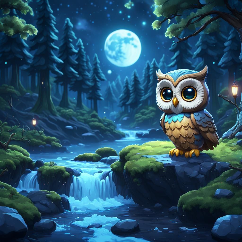 Chibi Owl in Moonlit Forest: Fantasy Concept Art