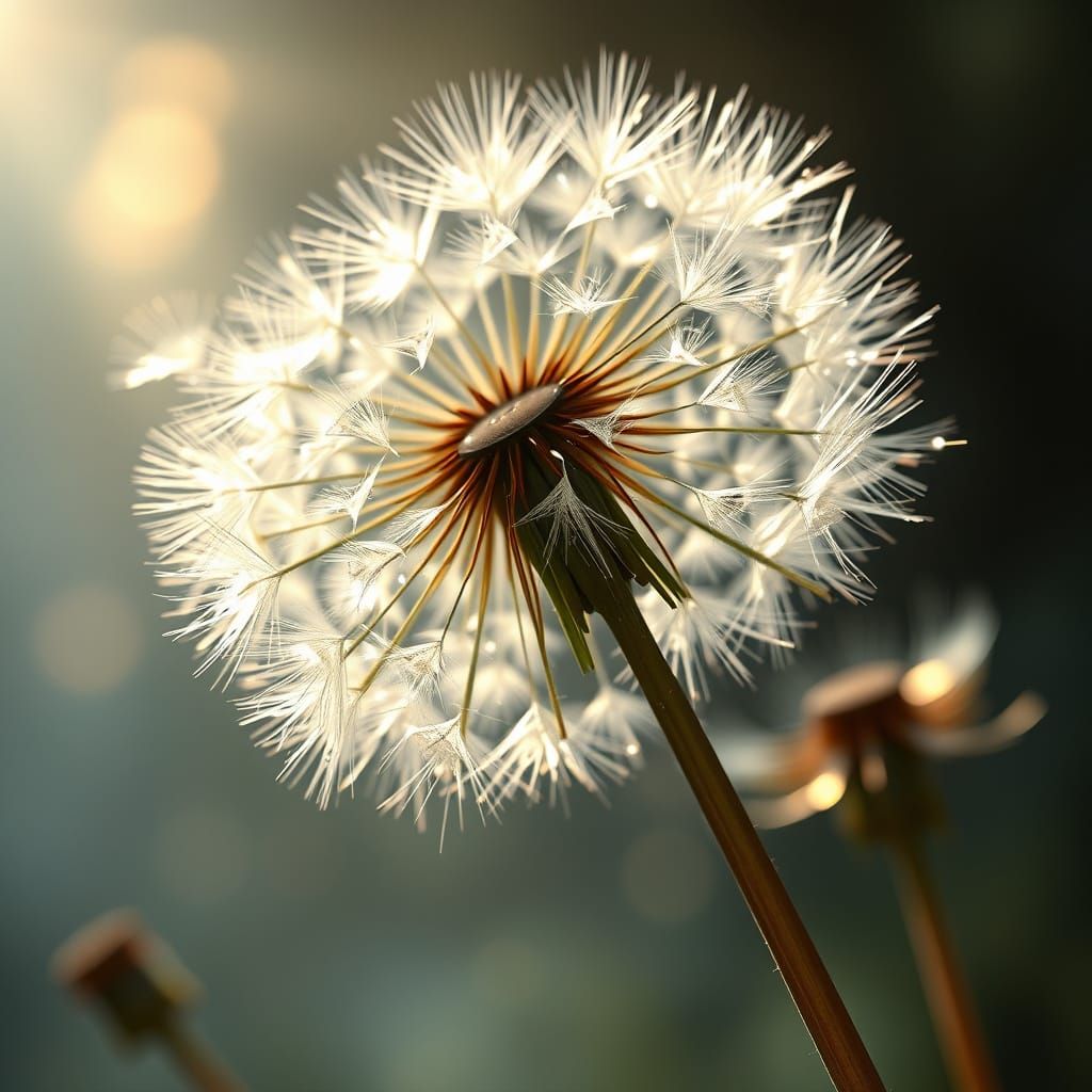 In nature, flying dandelion seeds. Which sparkle in the sunl...