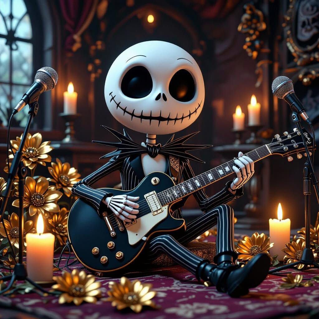 Jack Skellington Musician in Gothic Room 3D Illustration