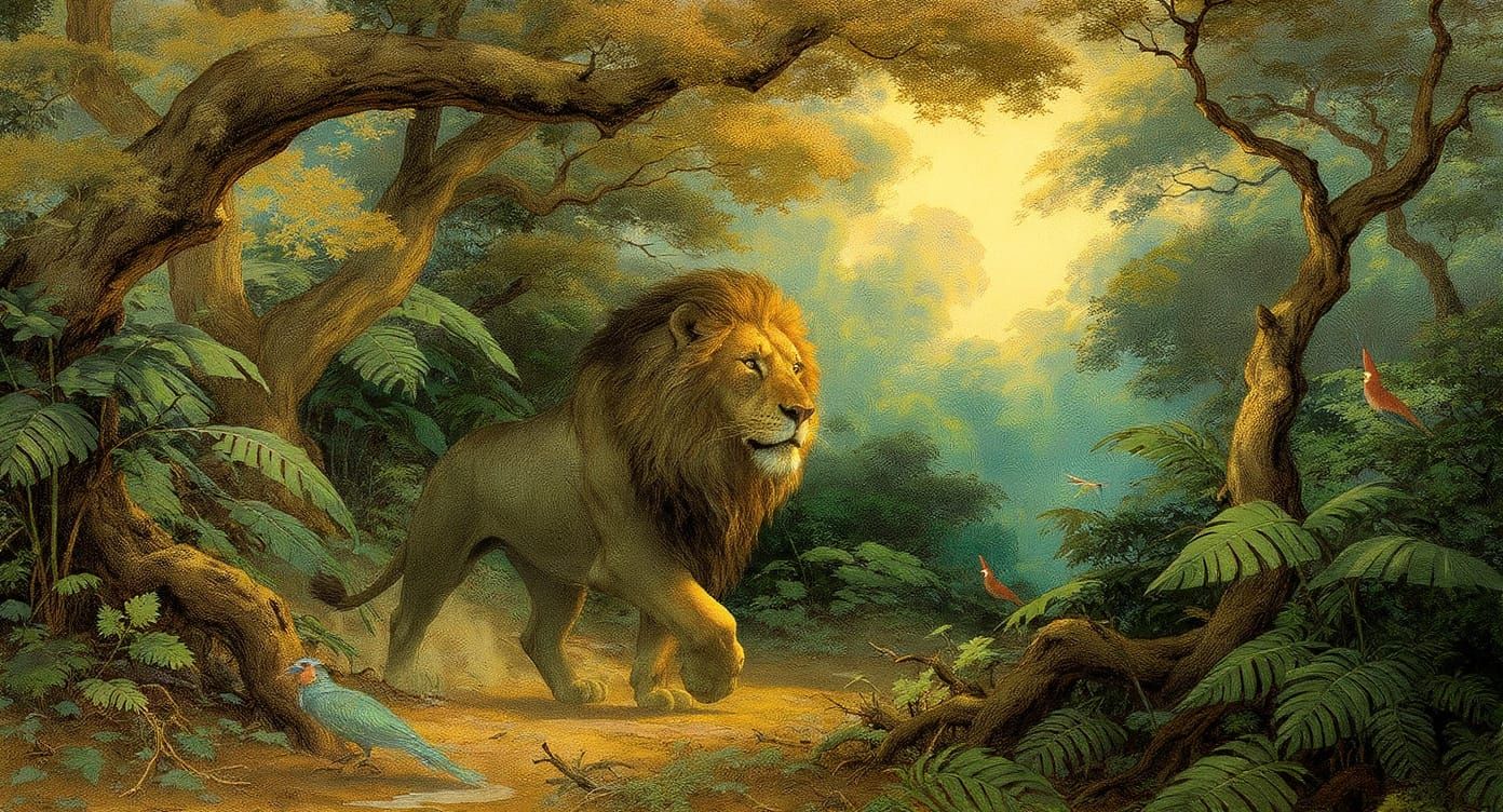A majestic lion steps out of a majestic old world painting!