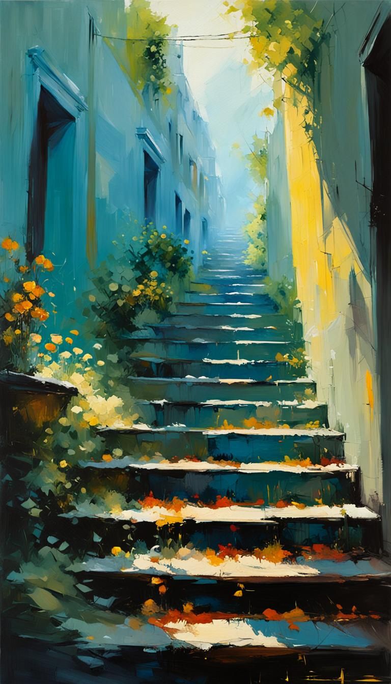 Stairs to Illuminating Light: Oil Painting Style