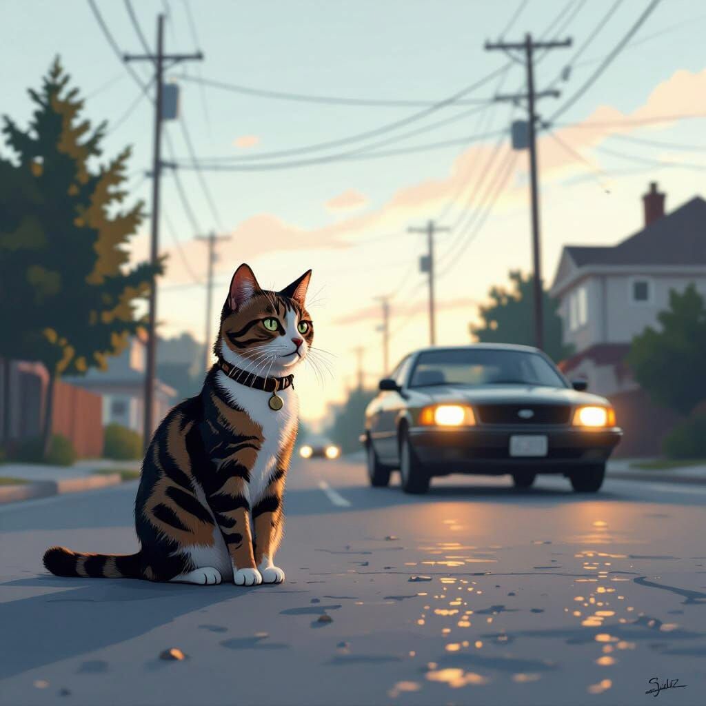 Cat in Street Avoids Approaching Car
