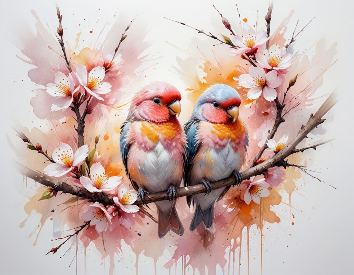 Lovebirds on Cherry Blossom Branch in Watercolor Style