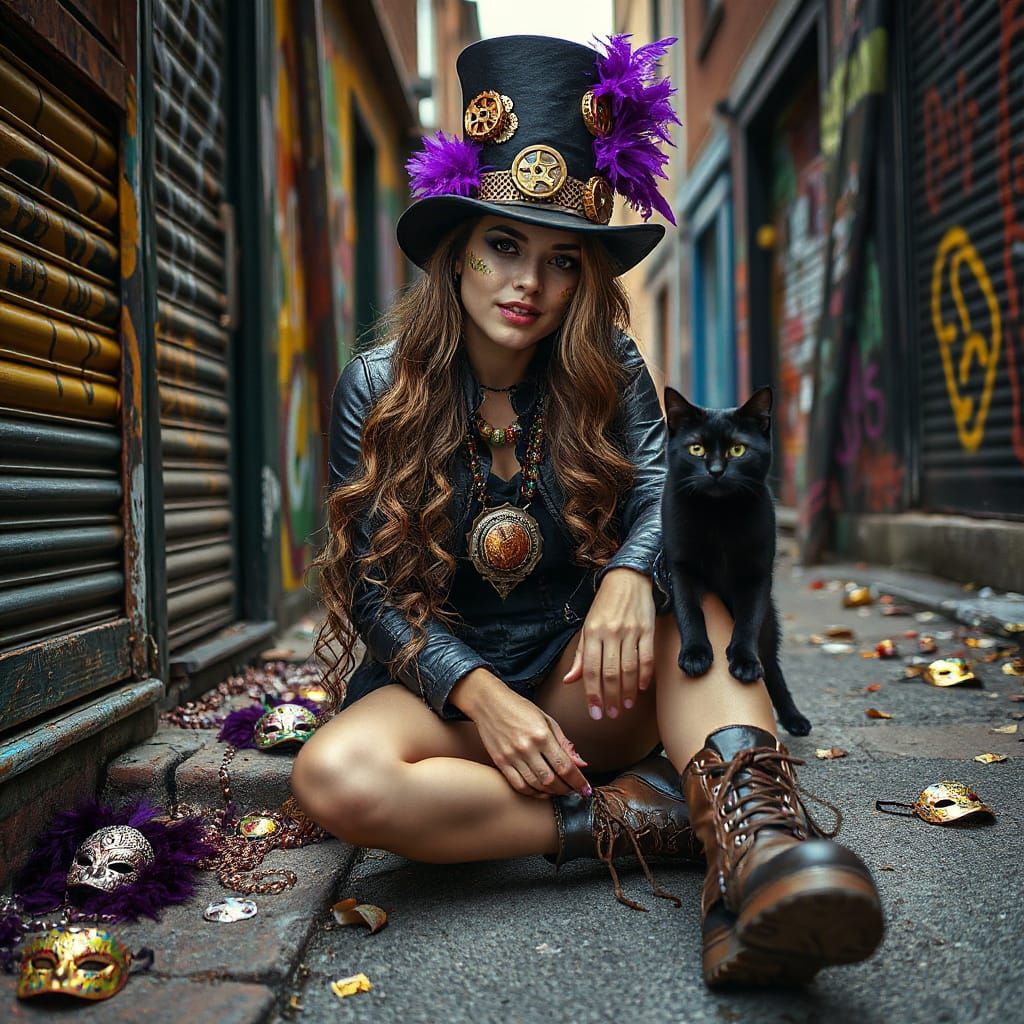Steampunk Woman with Mardi Gras Flair on City Steps