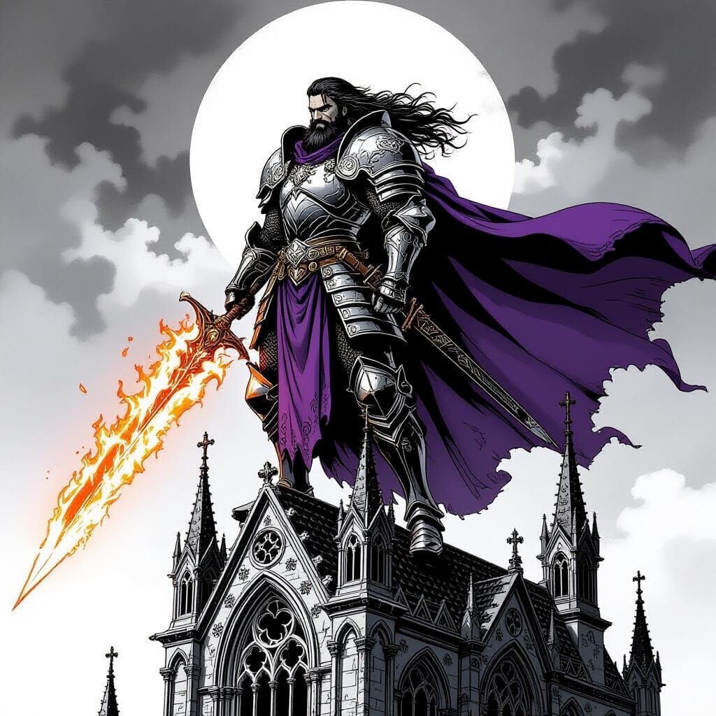 Angelic Warrior on Gothic Church in Manga Style