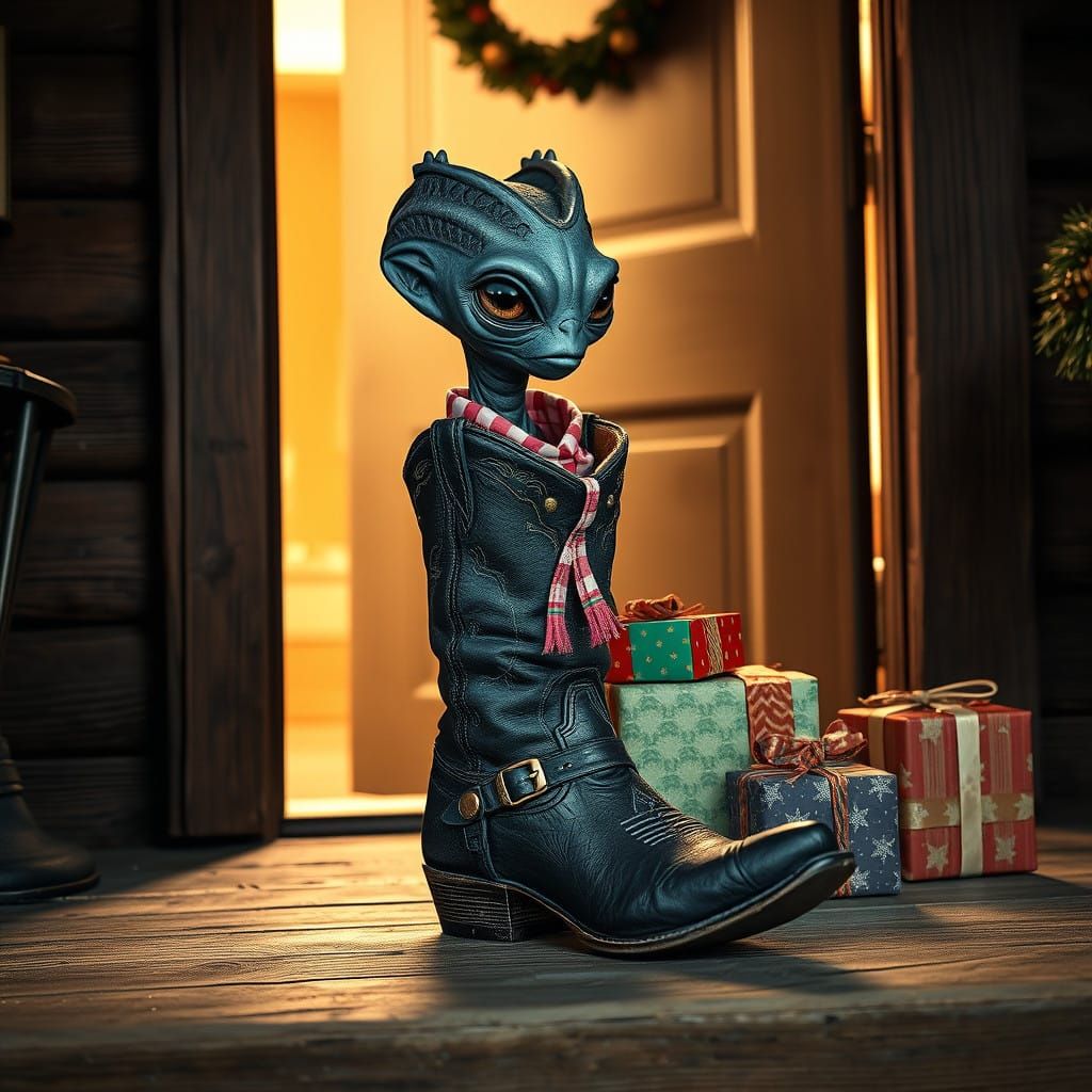 Vintage Cowboy Boot Christmas Display in Sci-Fi Setting