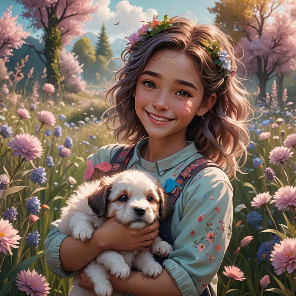 Joyful Girl Embraces Puppy in Pastel Meadow