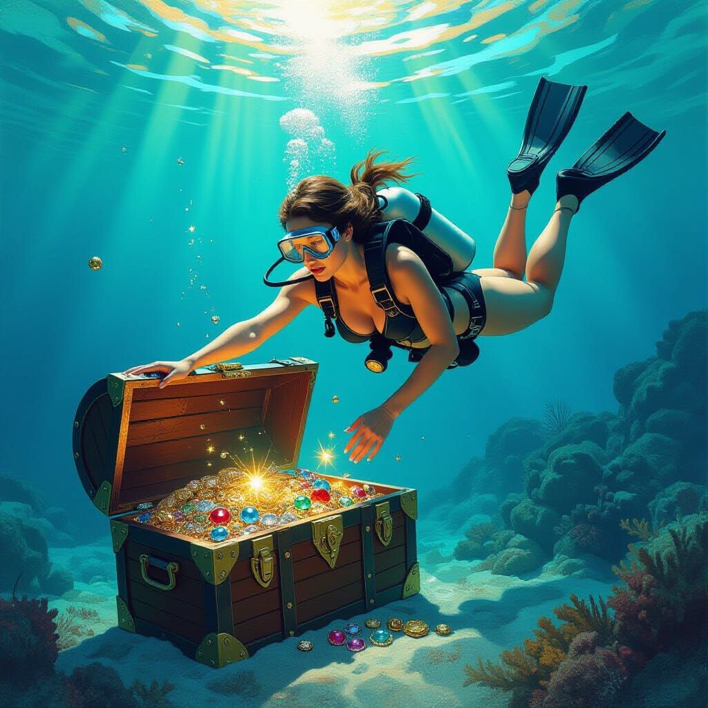 Diver Finds Sunken Treasure Chest, Fantasy Oil Painting