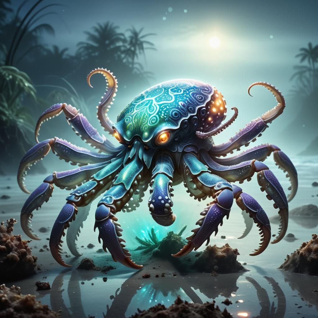 Bioluminescent Crab-Octopus Hybrid in Haeckel Style