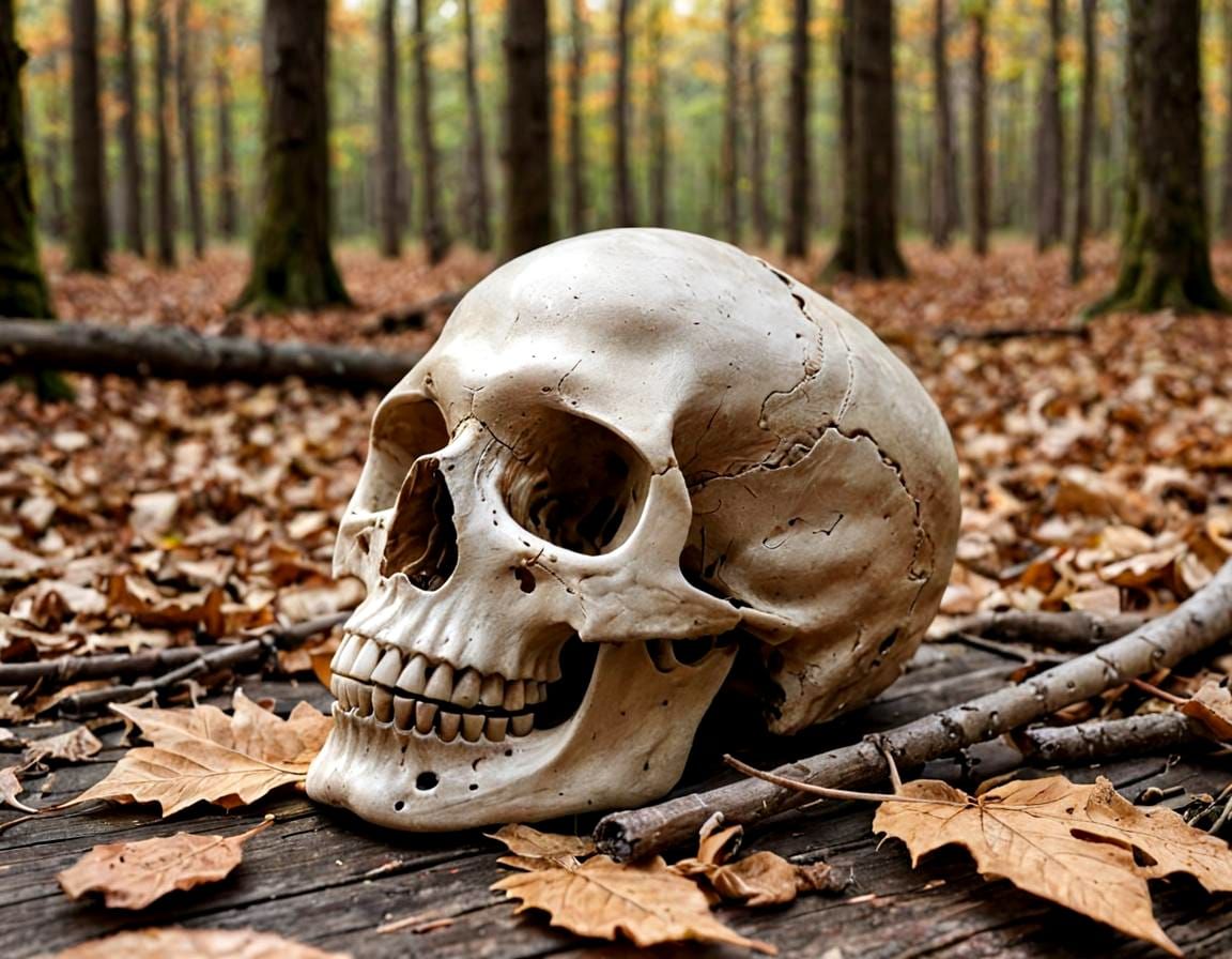 Lifeless Skull with Missing Jaw in Forest Setting