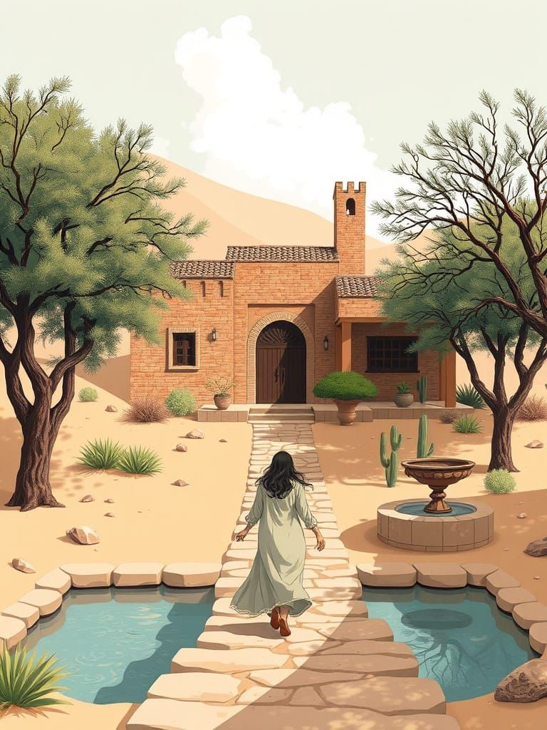 Desert Oasis in Arabic Style with Charming Farmhouse and Lad...