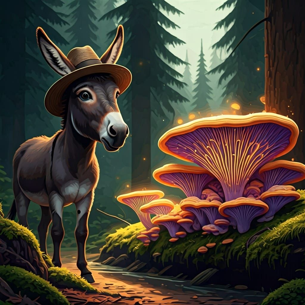 Donkey Amazed by Glowing Fungi in Dreamlike Forest