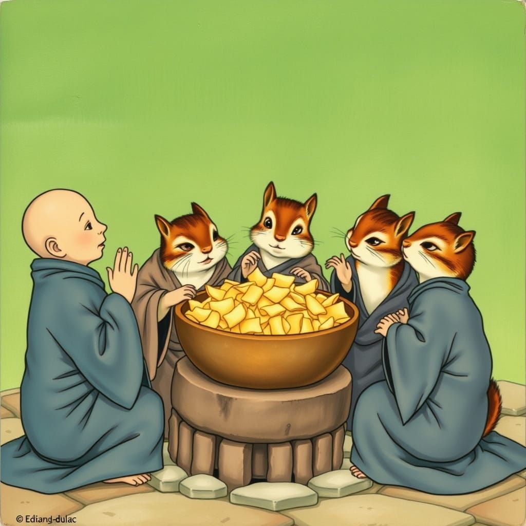 A young bald-headed monk has been invited to share a bowl of chips by the puzzled chipmunks, who wonder where his fur we...