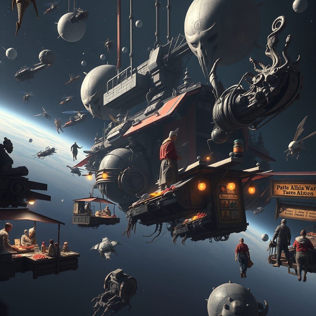 Zero-Gravity Alien Market in Space