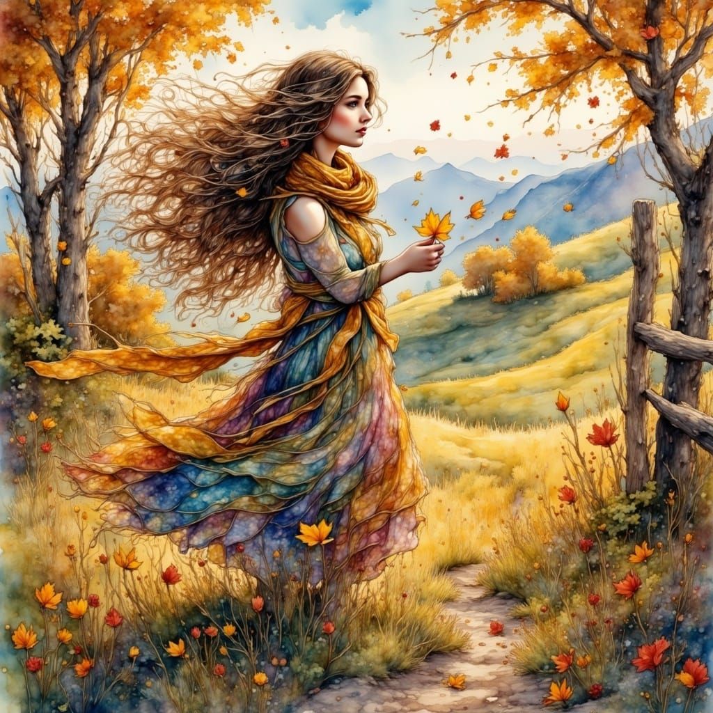 Young Woman in Autumn's Frenzy
