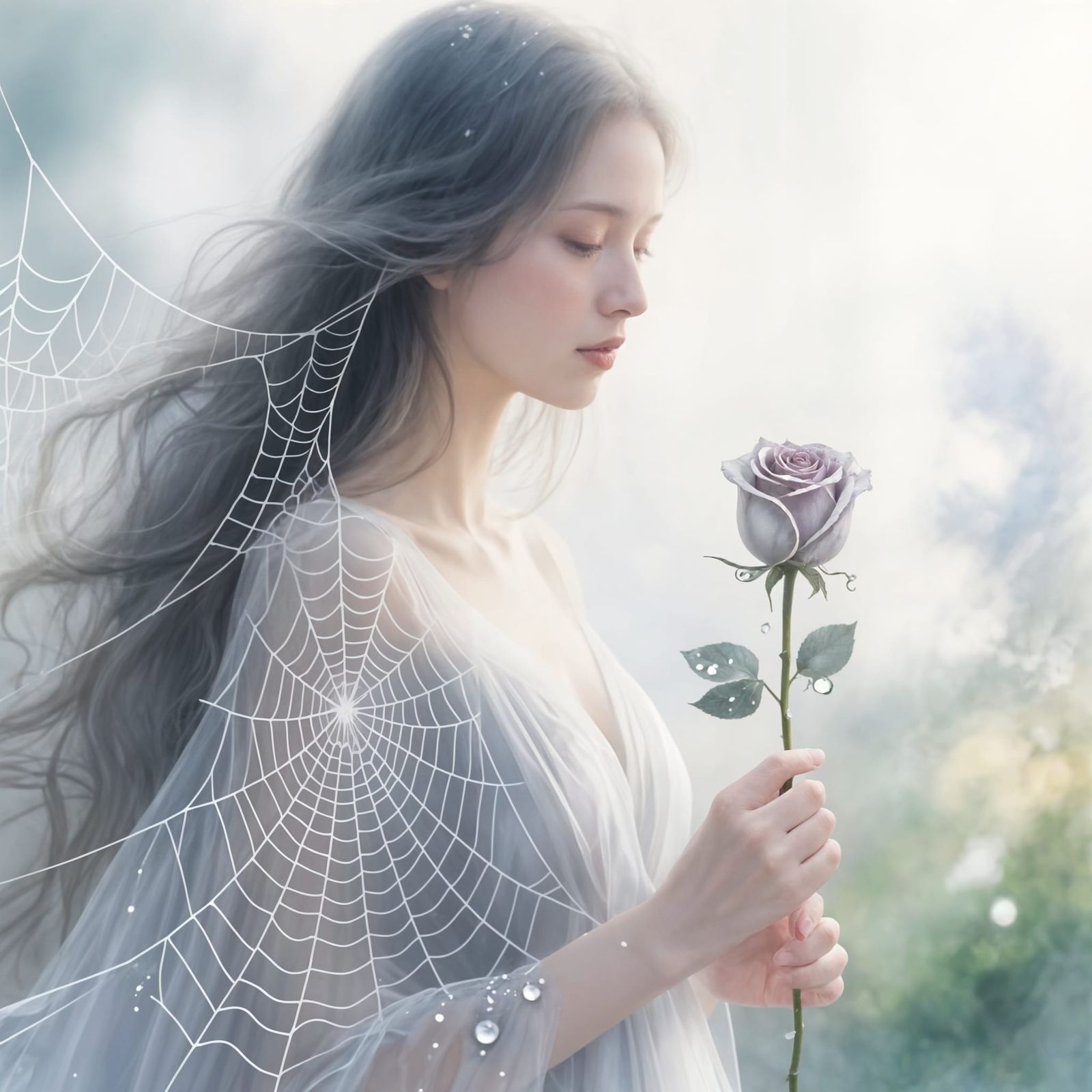 Ethereal Woman in Spiderweb Gown with Silk Rose