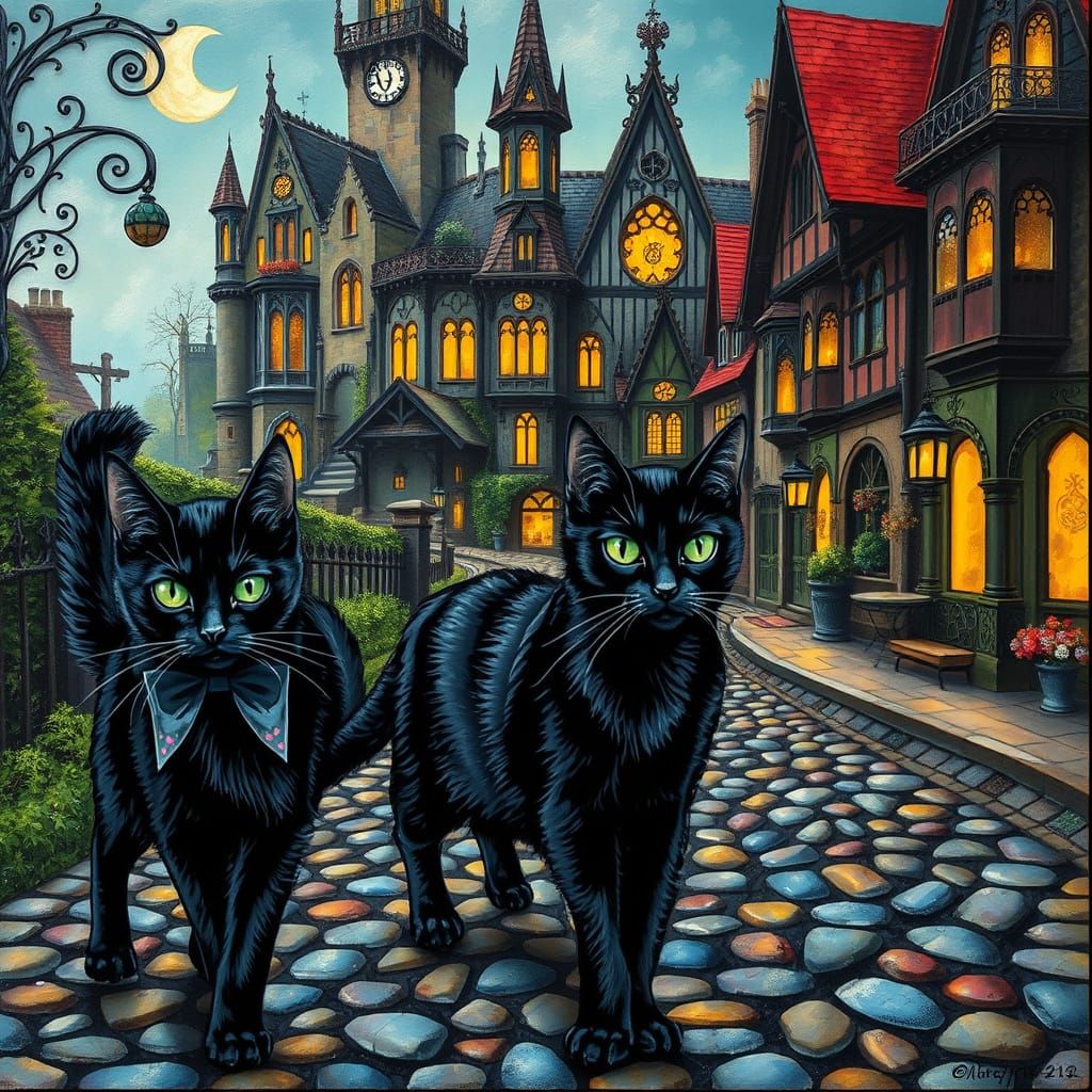 Mystical Black Cats in Whimsical Victorian Gothic Town