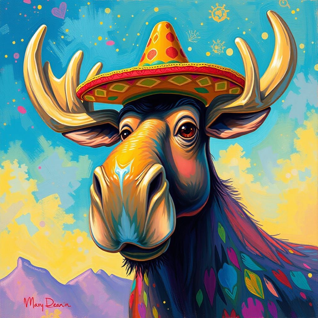 Moose with Sombrero in Acrylic Painting Style