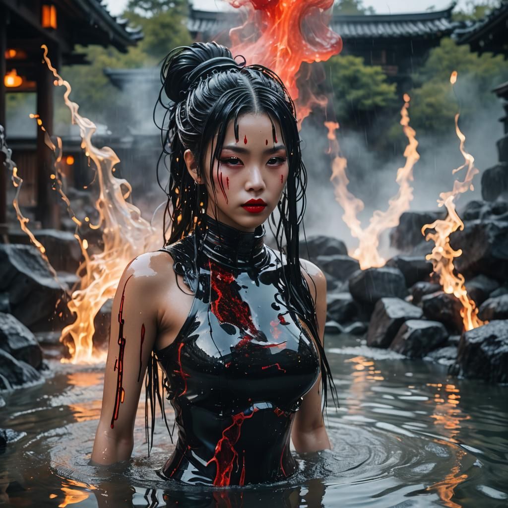 Cyberpunk Woman in Molten Onsen Lake