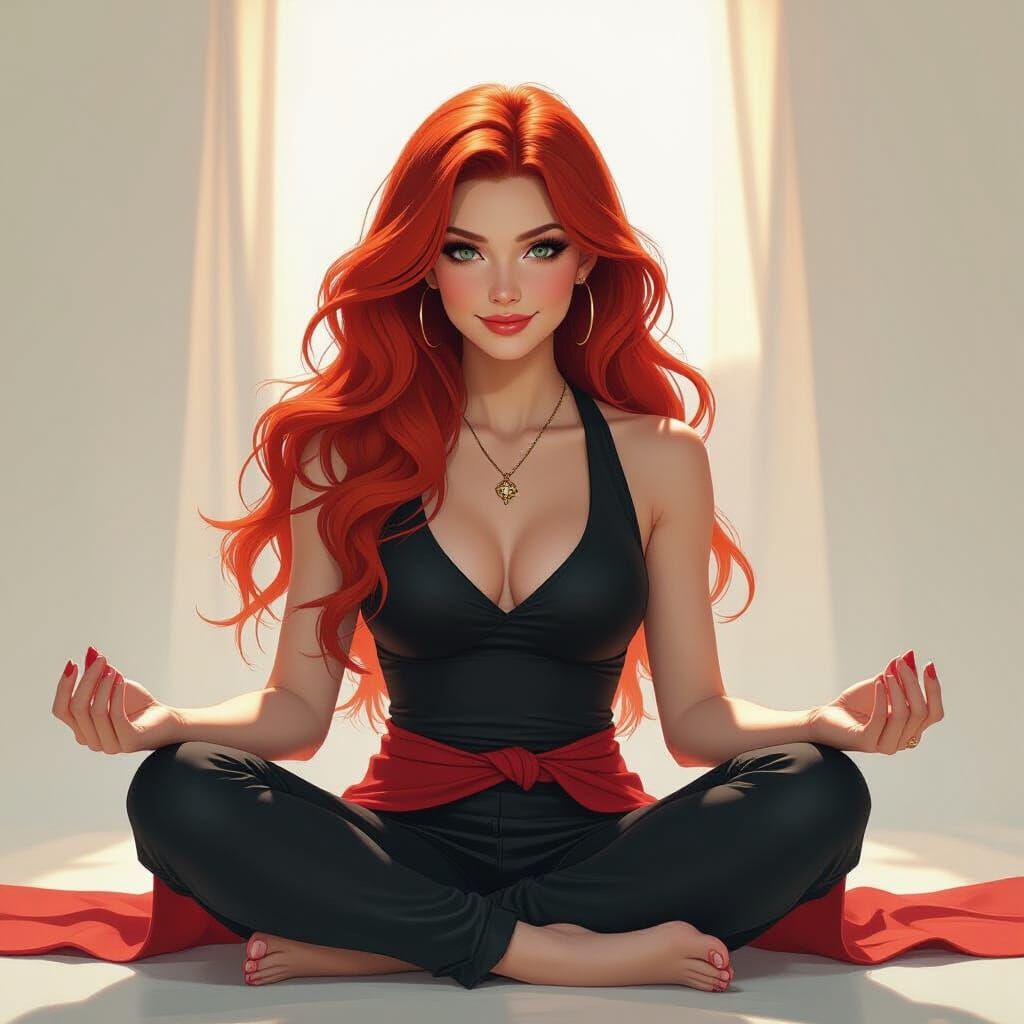 Red-Haired Beauty in Meditation Pose, Digital Airbrush Art