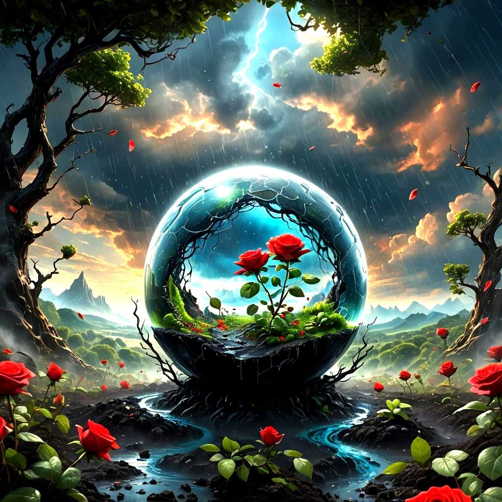 Black Soil Globe Cultivating Red Roses: Fantasy Art