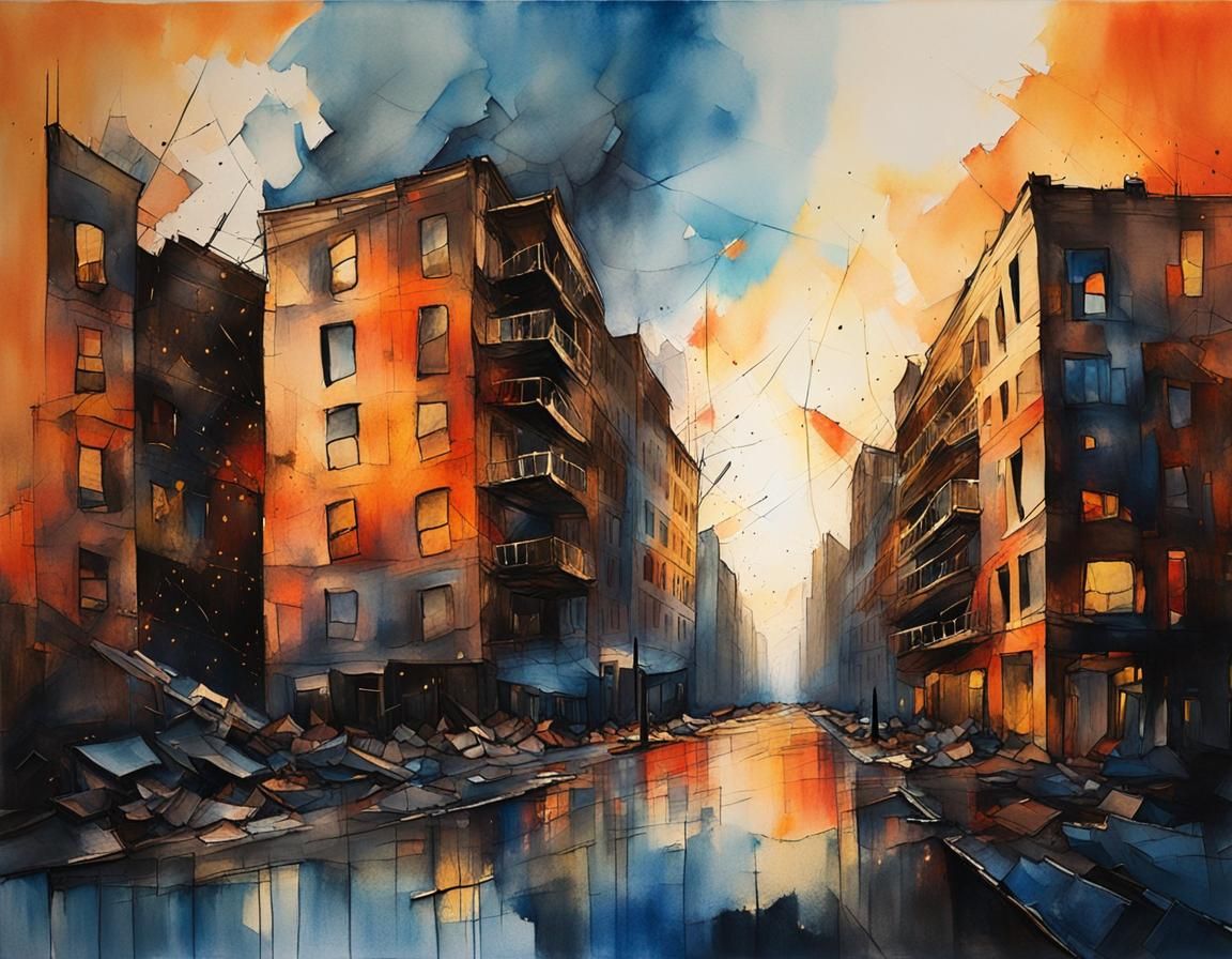 Shattered Cityscape at Sunset: Dramatic Mixed Media Art