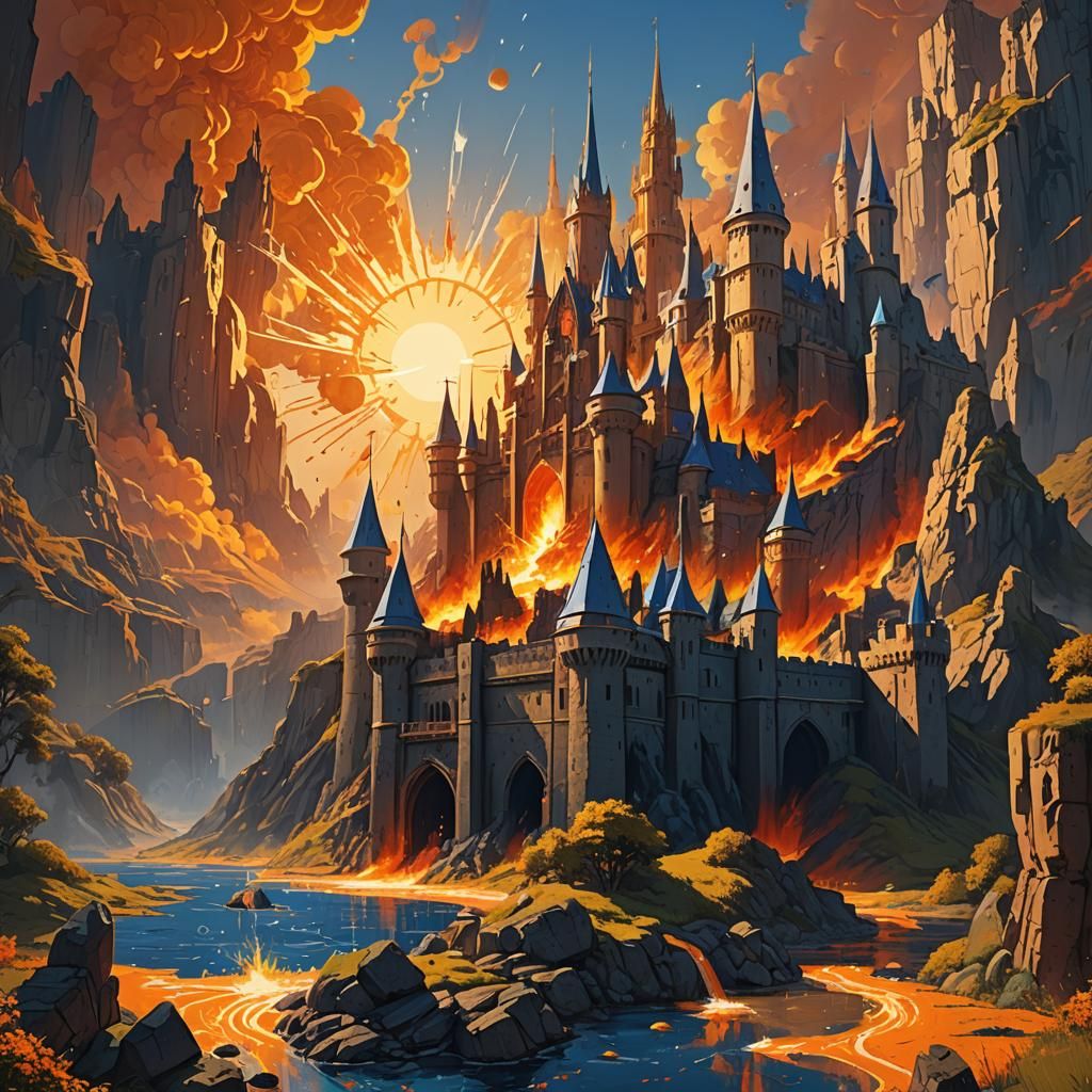 Blazing Sun Explosion Behind Medieval Castle