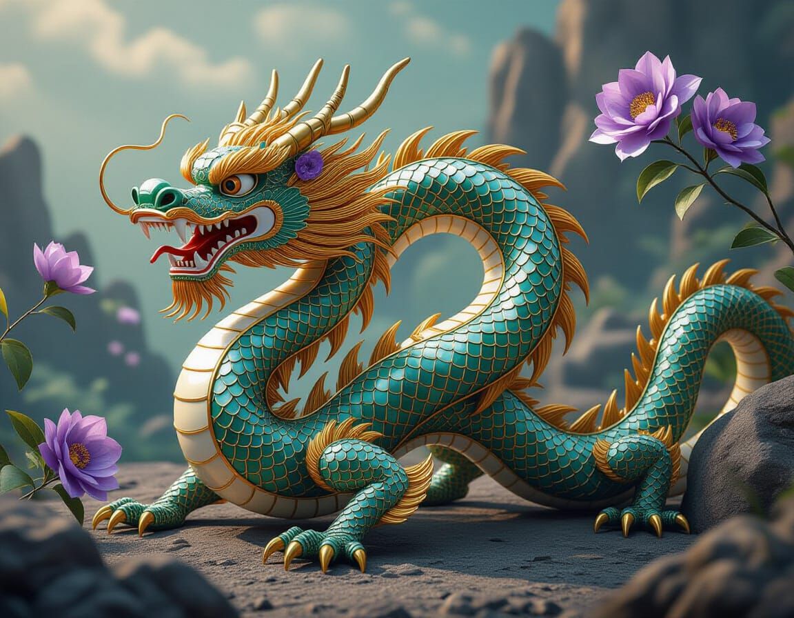 Intricate Mosaic Dragon of Jade and Gold