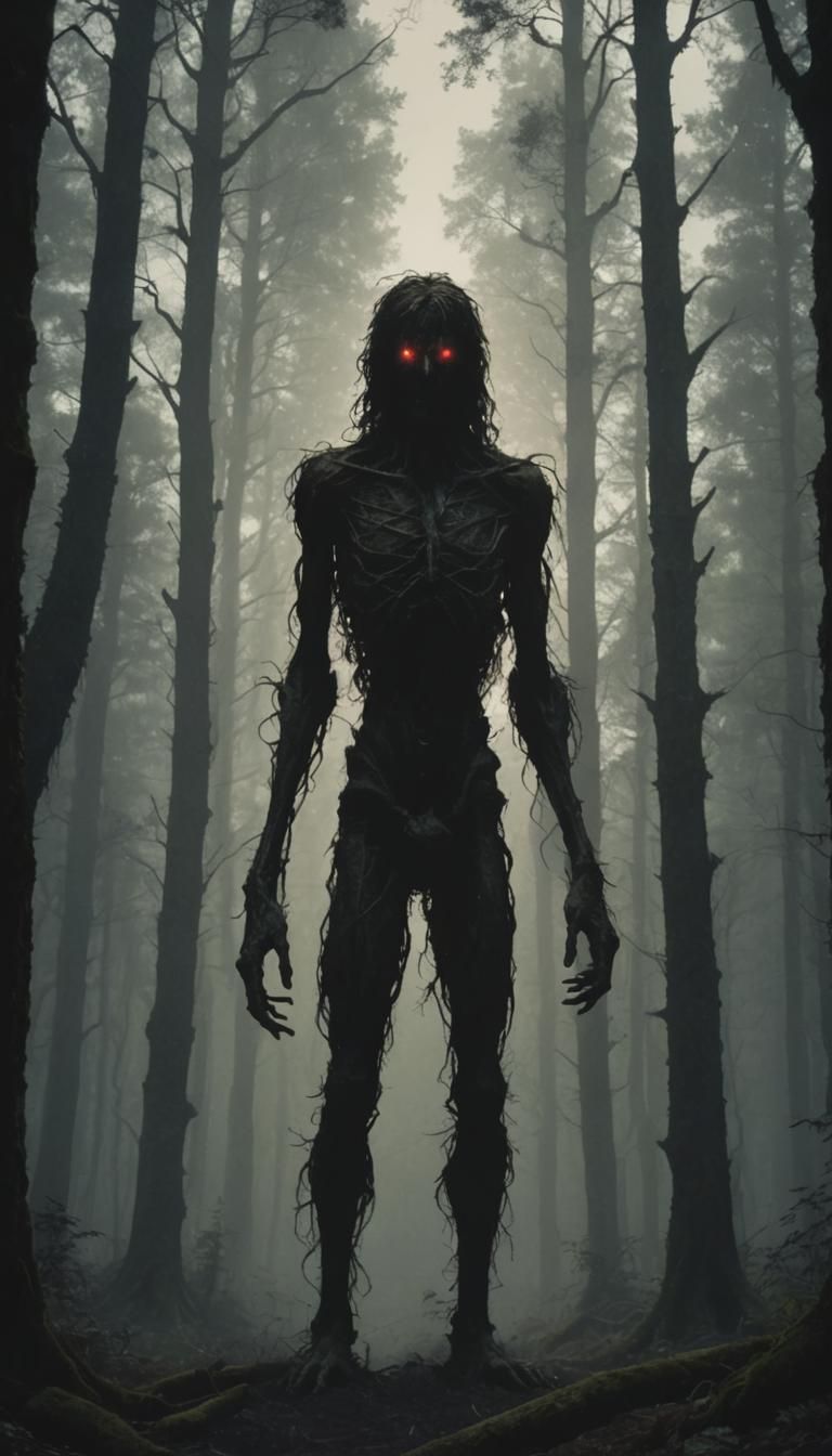 Ominous Figure in Dark Forest: Blair Witch Aesthetic