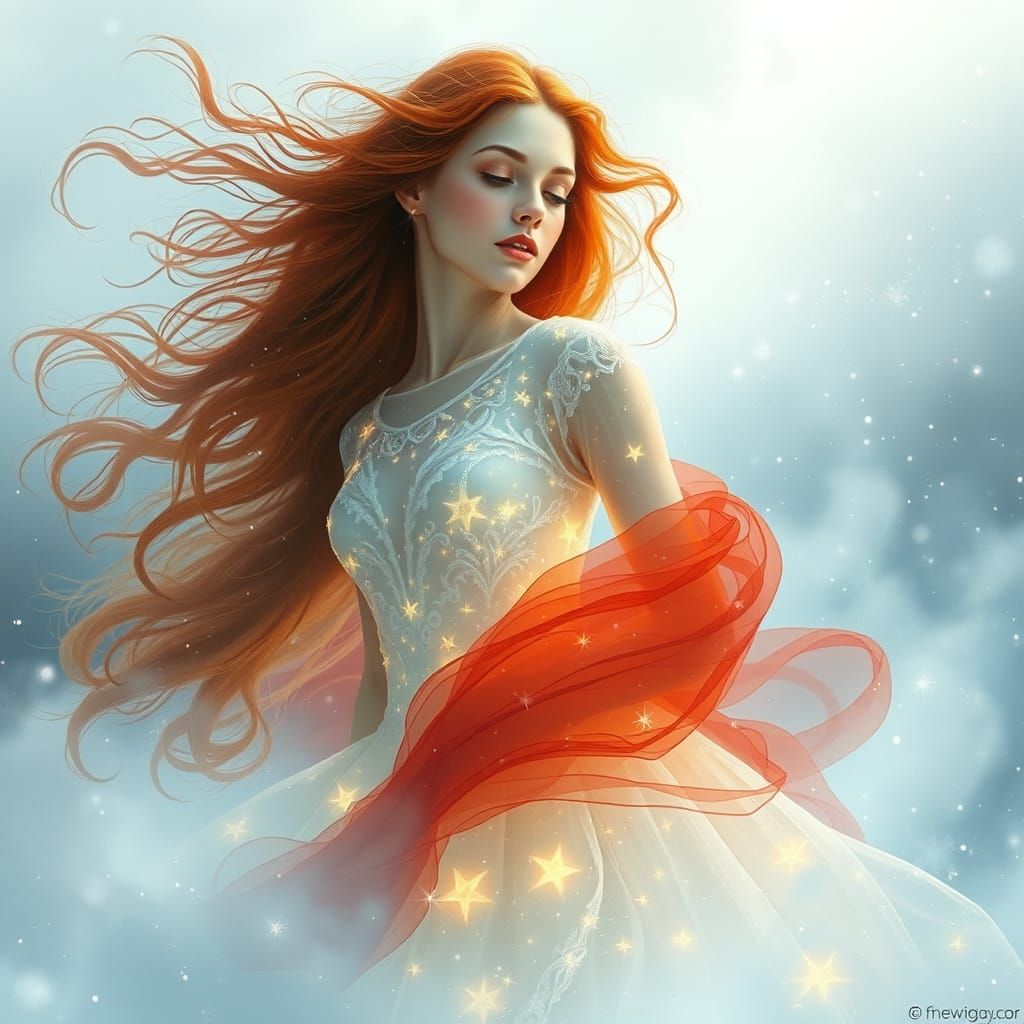 Red-Haired Woman in Surreal Snowy Dreamscape