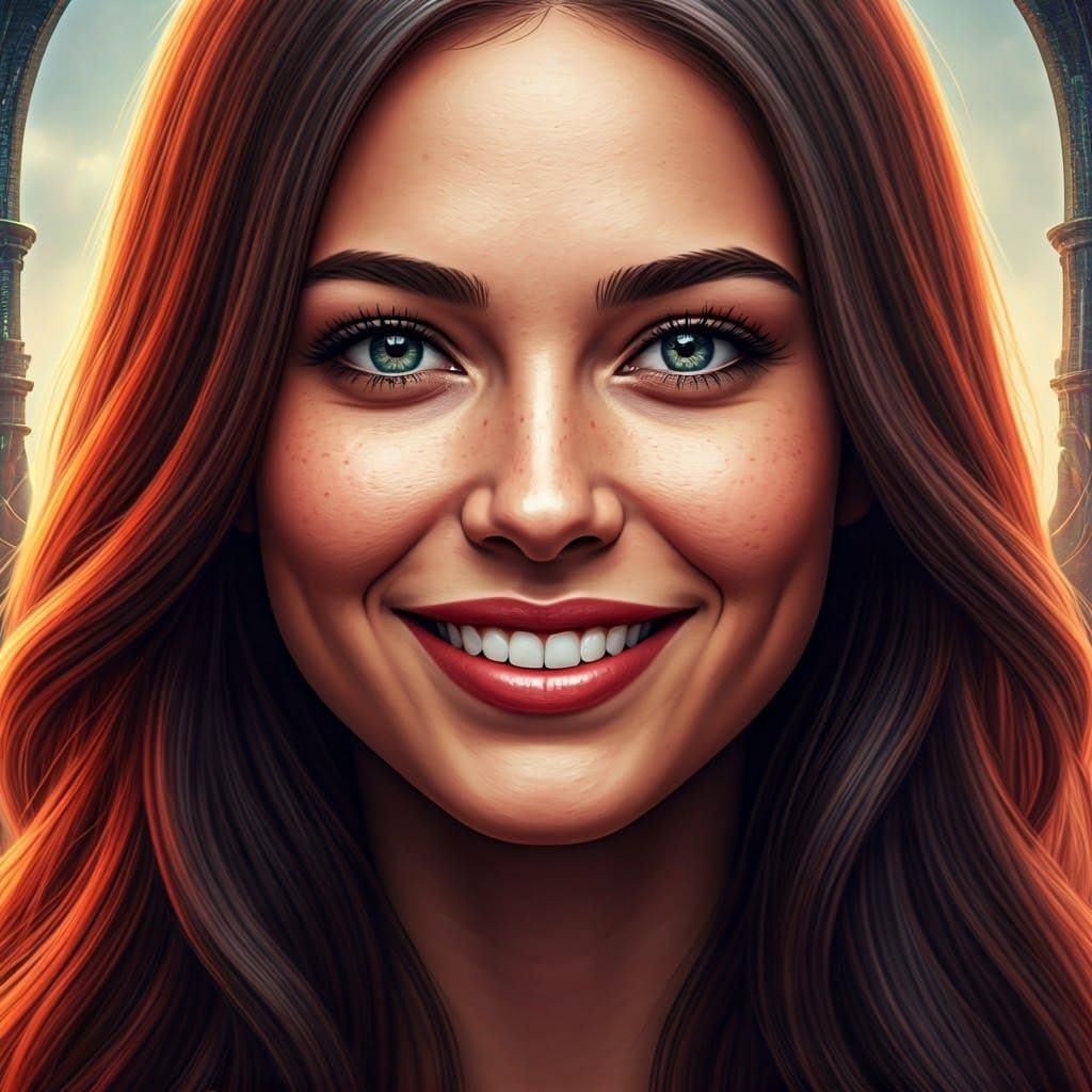 Smiling Woman in a Detailed Fantasy Landscape